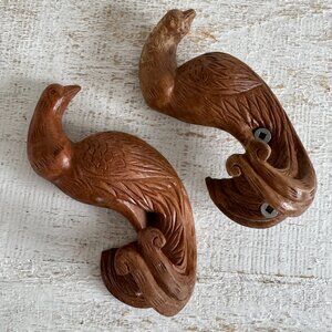 Vintage Pair of Wooden Peacock Bird Hooks - Unique Wood Bird Wall Hangers